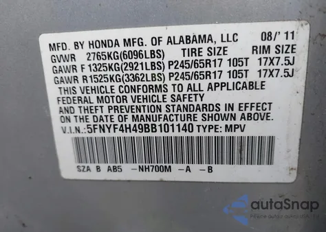 2011 Honda Pilot Ex z USA, uszkodzony, nr VIN 5FNYF4H49BB101140